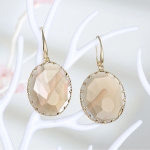 New Fashion Round Crystal Faceted Glass Earrings, Brown & Gold Tone